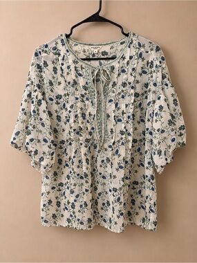 Max Studio Cream Floral Tie-Front Peasant Blouse with Blue Flowers